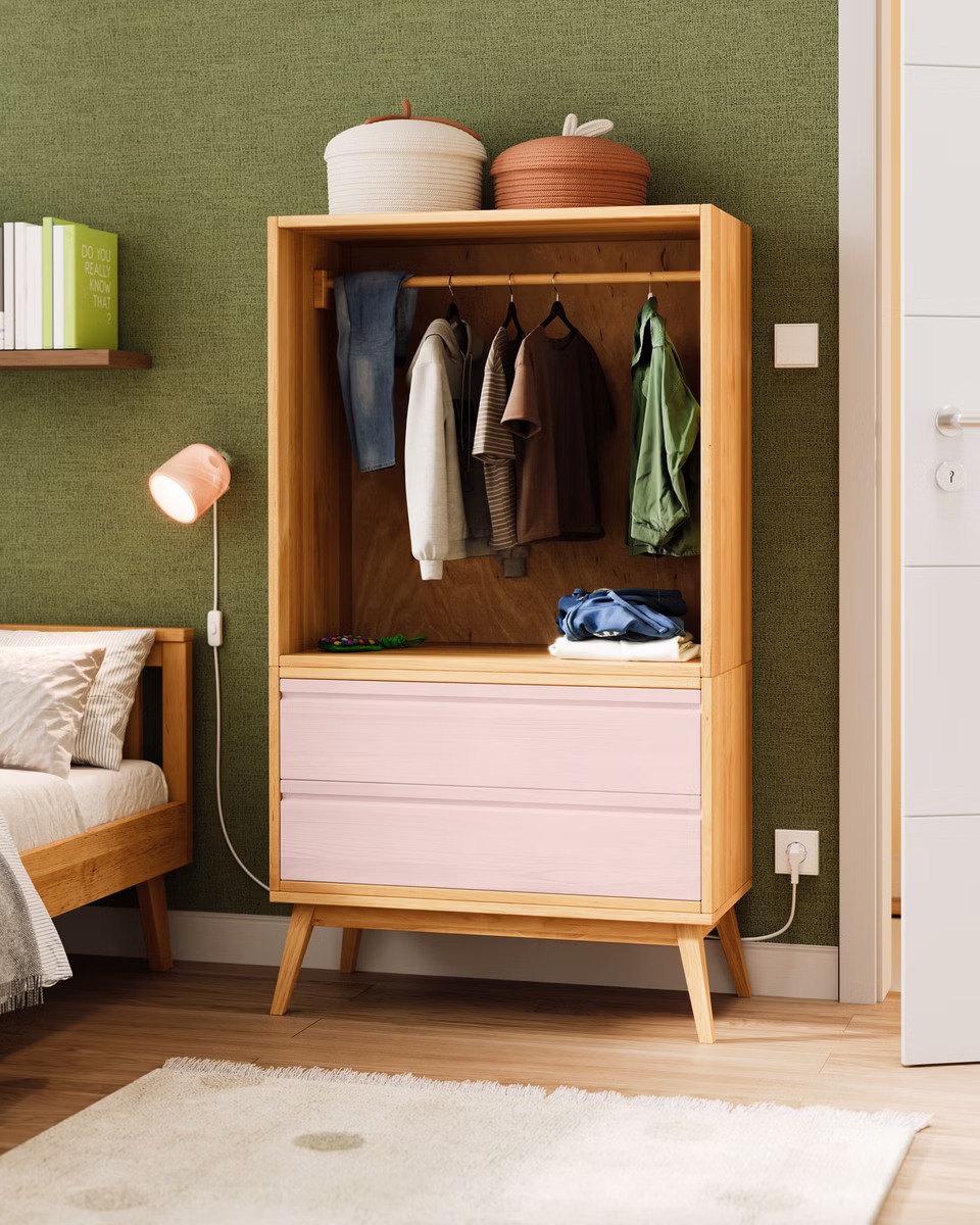 Laura Set offener Retro Kinder-Kleiderschrank mit Schubladen Laura Set offener Retro Kinder-Kleiderschrank mit Schubladen