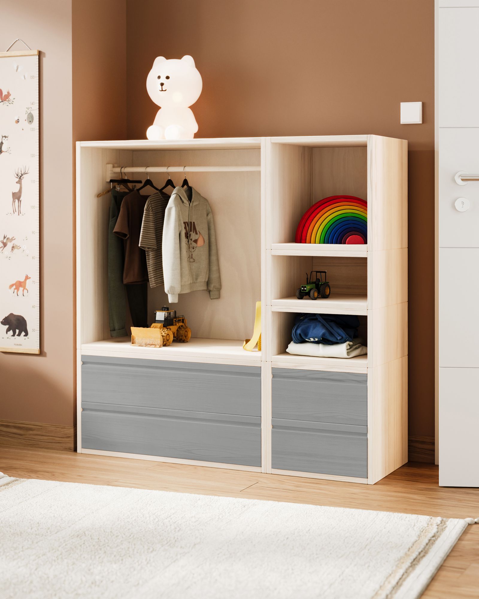 Laura Set offener Kinder-Kleiderschrank mit Schubladen, Massivholz Kiefer Elefantengrau online kaufen bei BioKinder